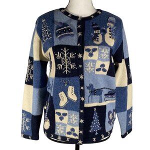Vintage Talbots cottage grandma core wool cardigan sweater 3D PS winter snowman